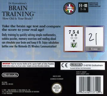 Dr Kawashima's Brain Training - How Old Is Your Brain (Europe) (En,Fr,De,Es,It,Nl) (Demo) (Kiosk) box cover back